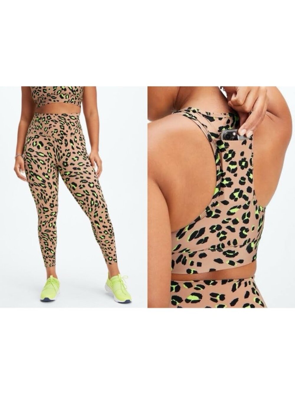 Fabletics Leopard Workout Set PowerHold Ultra HW 7/8 Legging On the Go Bra Large